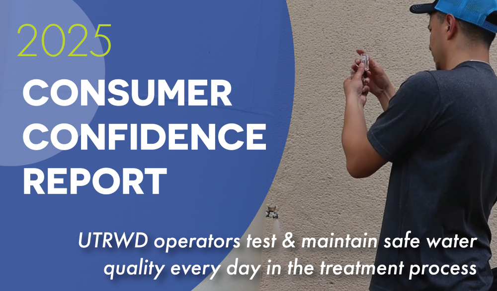 Cover for the 2025 Consumer Confidence Report, with a worker inspecting a water pipe on the right and a blue curved design on the left.