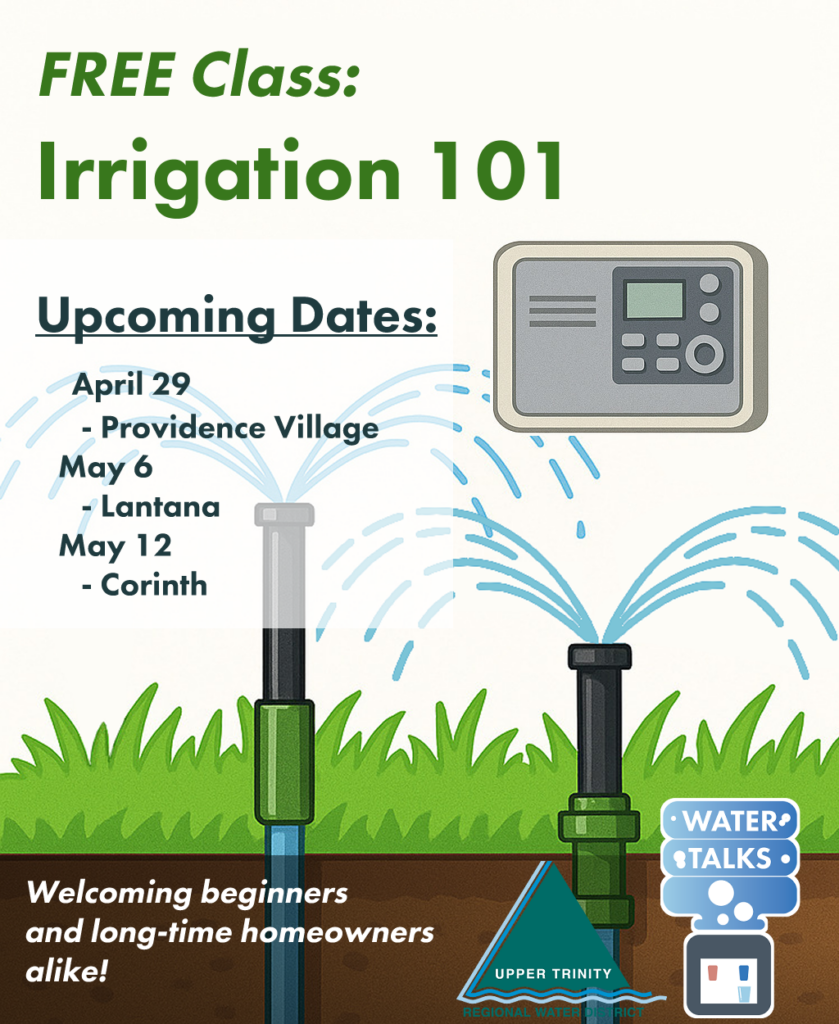 Poster advertising a free class titled 'Irrigation 101' with upcoming dates and sprinkler imagery.