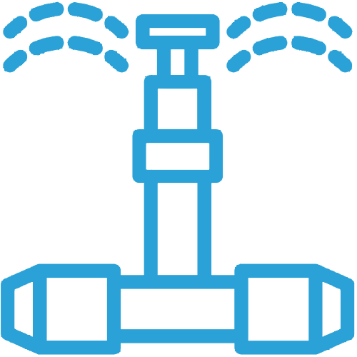 Irrigation_Checkups-Img - UTRWD Blue icon of a sprinkler head spraying water in curved arcs from a central vertical pipe and base.