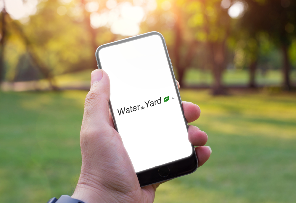 Sign Up for Weekly Watering Tips-Img - UTRWD Hand holding a smartphone displaying the Water My Yard logo on a white screen in a sunlit park.