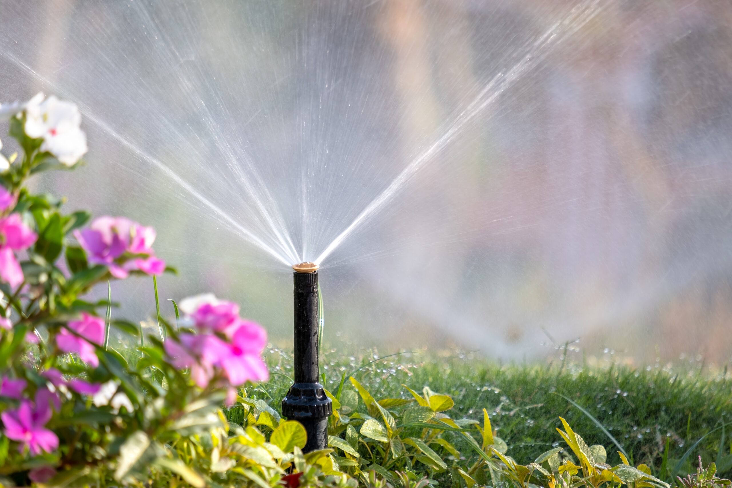 PlasticSprinklerIrrigatingFlowerBedOnGrassLawnWithWater - UTRWD Gloved hands connect a black plastic pipe in a dirt trench outdoors under sunny light.