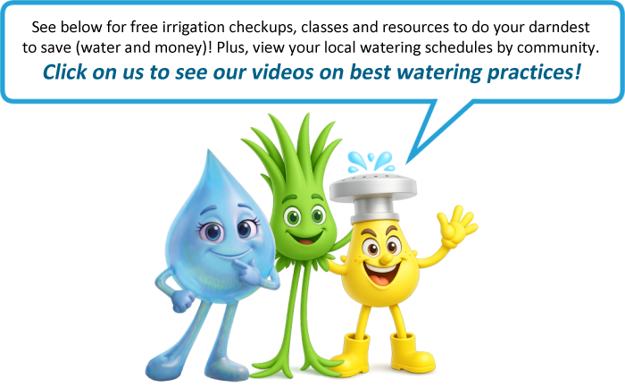 Three cheerful mascots—a water drop, a green plant, and a faucet—invite viewers to watch irrigation videos and resources for watering practices.