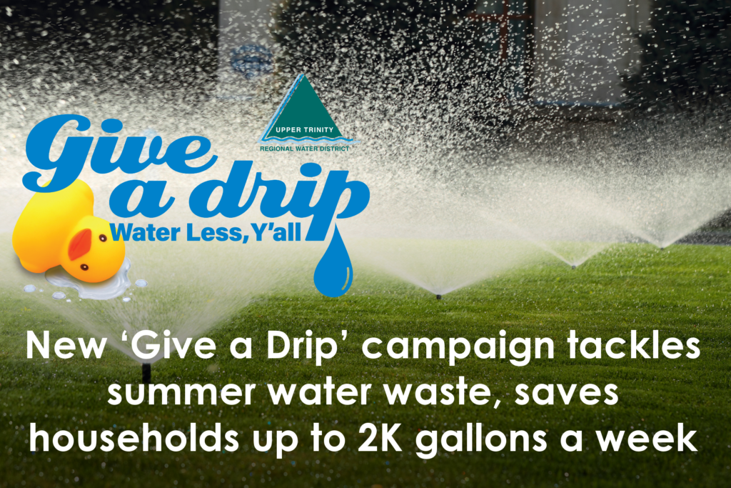 Banner for a water-conservation campaign with the words'Give a drip', a rubber duck, water droplets, and logos on a grassy background.