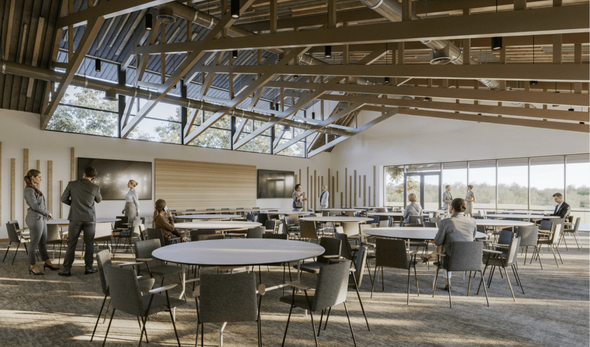 Rendering of inside the future Lake Ralph Hall Visitor Center, showing the planned large event space.