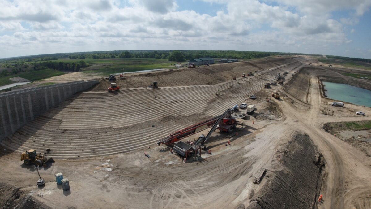 Looking down the Lake Ralph Hall Dam Embankment as of April 2026