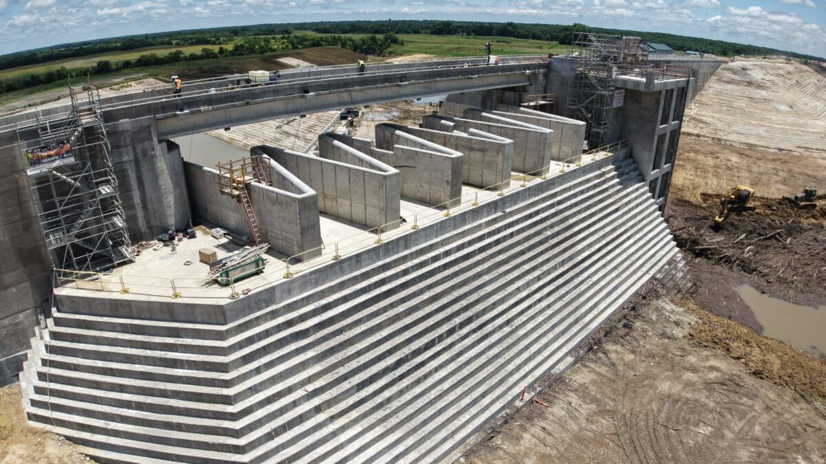 Overhead shot of the newly completed weir.