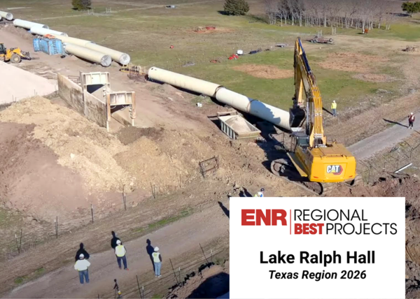 Construction site with a long concrete pipeline and a yellow CAT excavator; overlay reads ENR Regional Best Projects Lake Ralph Hall Texas Region 2026.