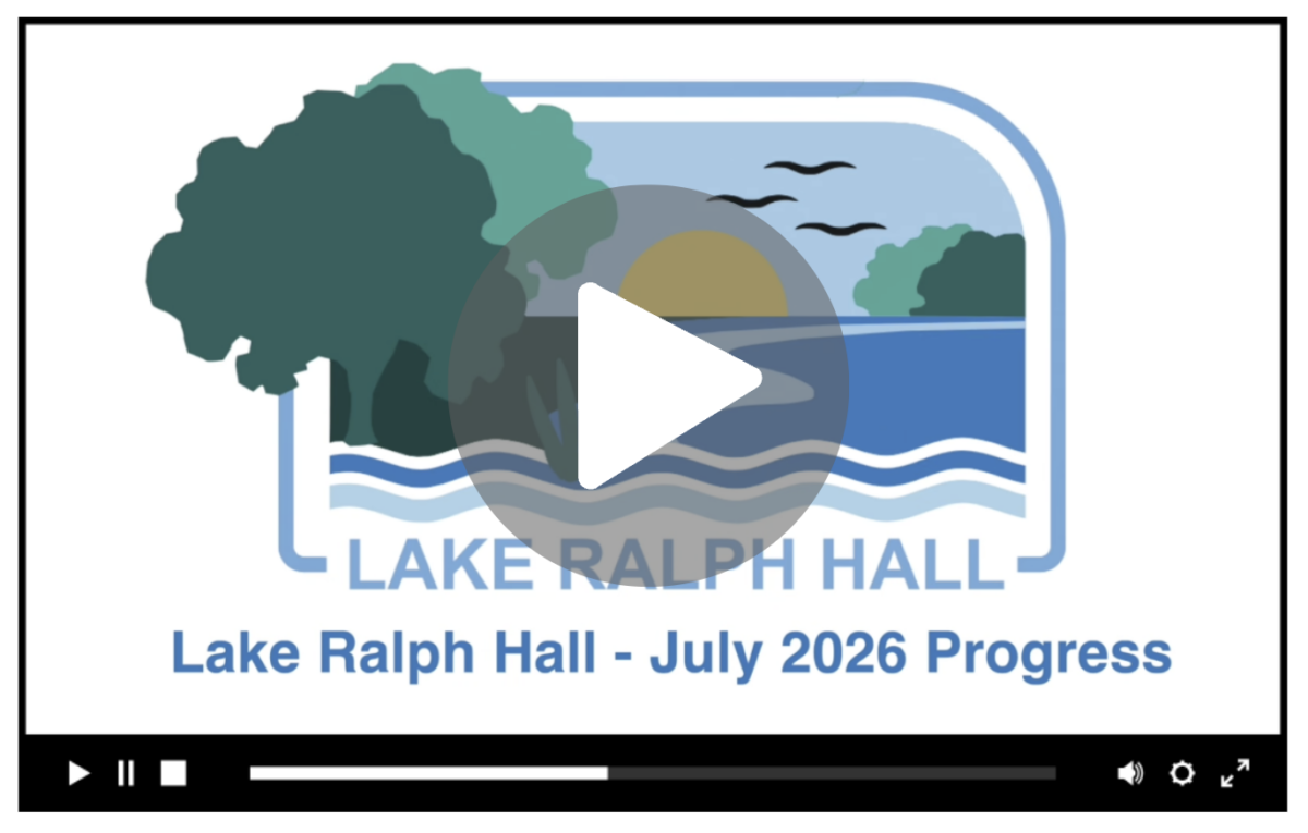 Video thumbnail for Lake Ralph Hall - July 2026 Progress, featuring a stylized lake scene with trees, sun, birds and wavy water lines.